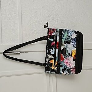 Stone & Co floral purse, black with floral print pinks, yellow, blue, grey